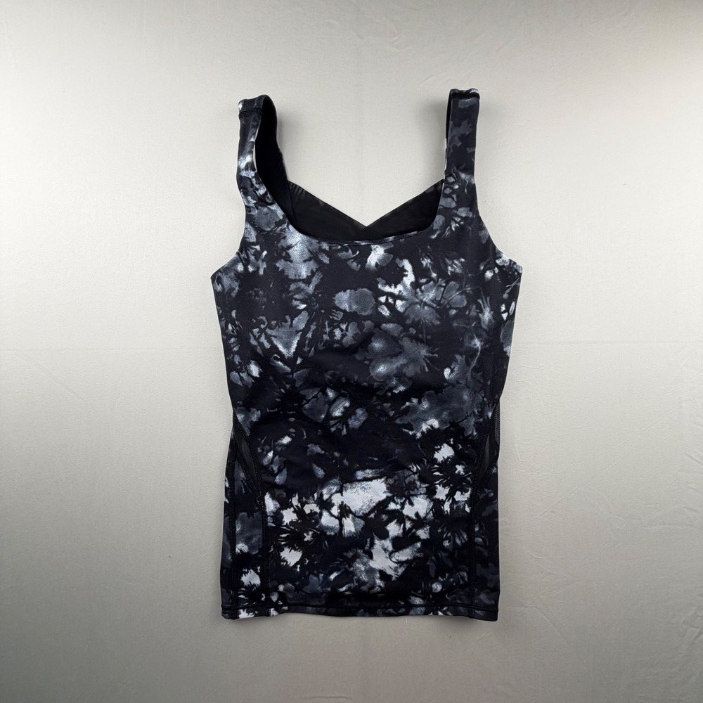Lululemon Wild Tank Top Women 6 Black White Tie Dye Floral Strappy Back Mesh 249